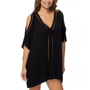 Raisins Samba Cold-Shoulder Cover-Up Tunic Dress Black Crochet Flowy NWT Large